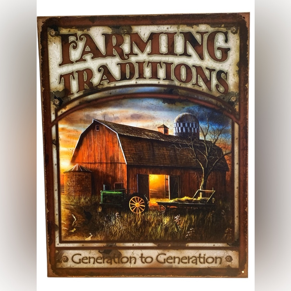 Farming Traditions Generation to Generation Tin Metal Farm Sign Tractor Barn